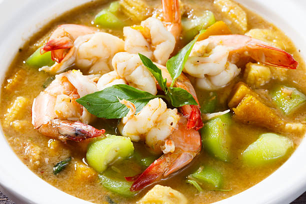 Close up Thai hot and spicy mixed vegetable soup with prawn
