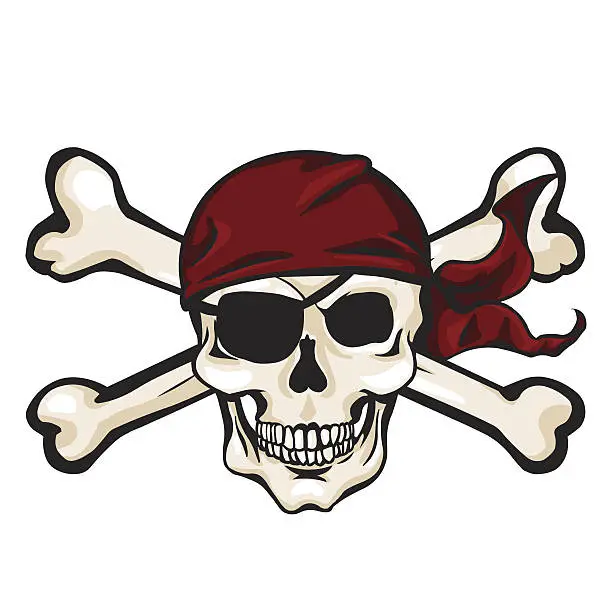 Vector illustration of Vector Cartoon Pirate Skull in Red Bandana with Cross Bones