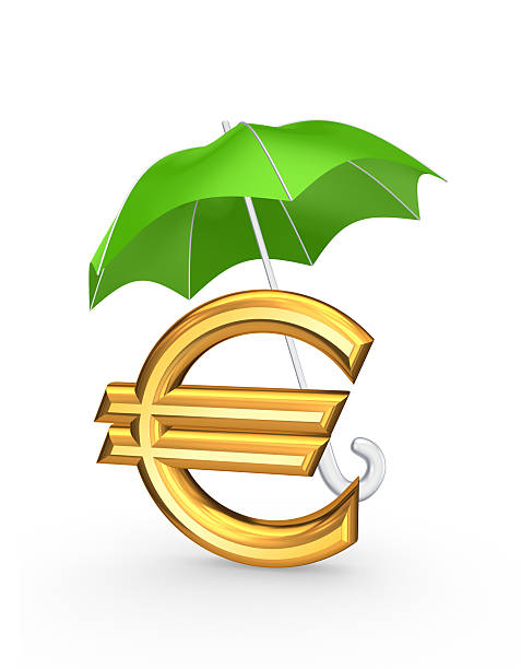 Golden sign of euro under green umbrella. stock photo