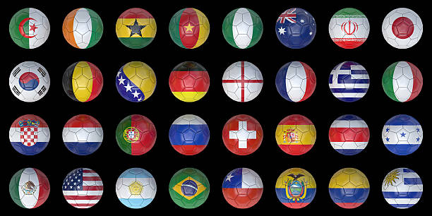 Footballs (dark) 24 footballs (soccer balls) with different national flags on a black background. algeria soccer stock pictures, royalty-free photos & images