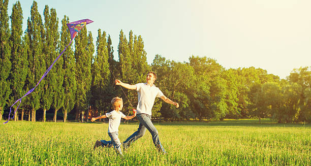 istock Dad and son child flying a kite in summer nature 509275619