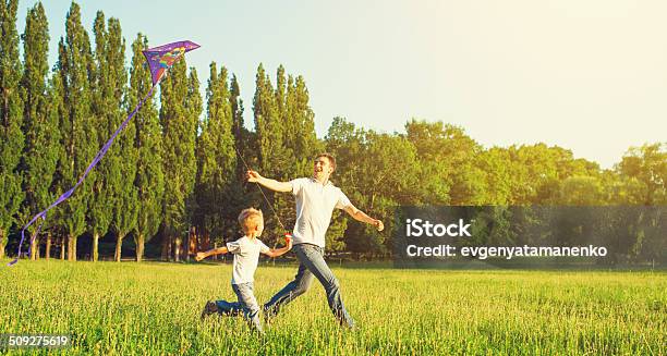 Dad And Son Child Flying A Kite In Summer Nature Stock Photo - Download Image Now - Child, Kite - Toy, Agricultural Field