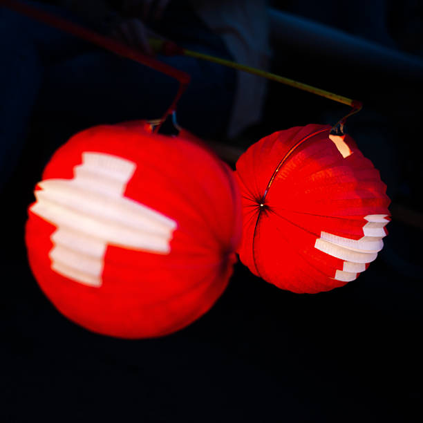 typical paper lantern on swiss national holiday at 1 august stock photo