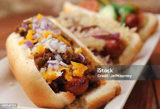 Gourmet Stadium Dogs Close Up Stock Photo - Download Image Now - Hot Dog, Dining, Food