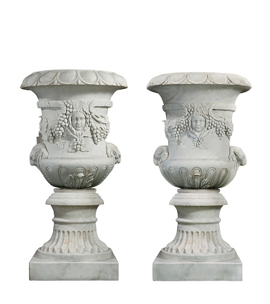 Old vintage marble garden urns isolated with clip path
