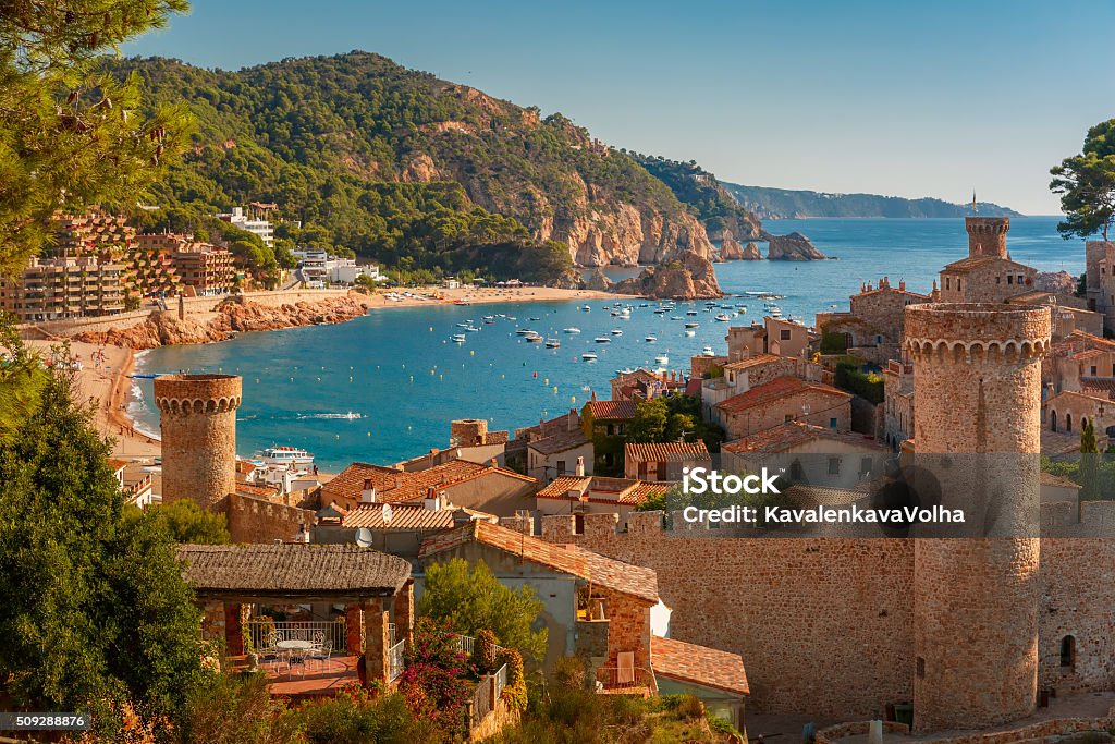 Tossa de Mar on the Costa Brava, Catalunya, Spain Aerial view of Fortress Vila Vella and Badia de Tossa bay at summer in Tossa de Mar on Costa Brava, Catalunya, Spain Spain Stock Photo