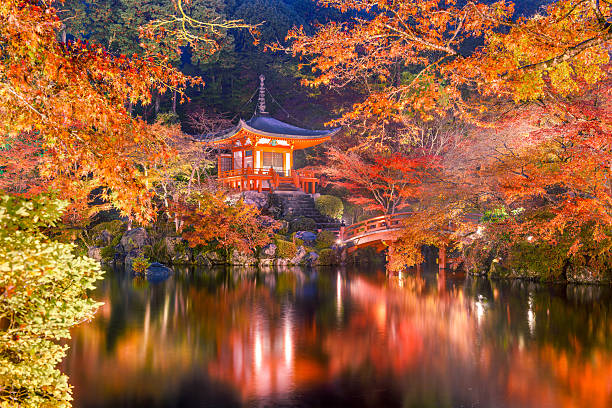 Autumn Temple in Kyoto Kyoto, Japan - November 17, 2015: The Bentendo Hall of Daigo-ji Temple during the autumn season. The temple was founded in 874. shingon buddhism stock pictures, royalty-free photos & images