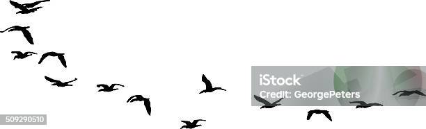 Silhouette Flock Of Sea Birds Flying Isolated On White Stock Illustration - Download Image Now