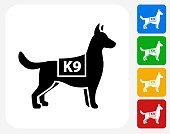 K9 Police Dog Icon. This 100% royalty free vector illustration features the main icon pictured in black inside a white square. The alternative color options in blue, green, yellow and red are on the right of the icon and are arranged in a vertical column.