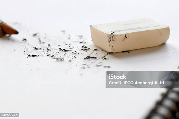 Eraser And Pencil On Sketchbook Stock Photo - Download Image Now - Eraser, Business, Close-up