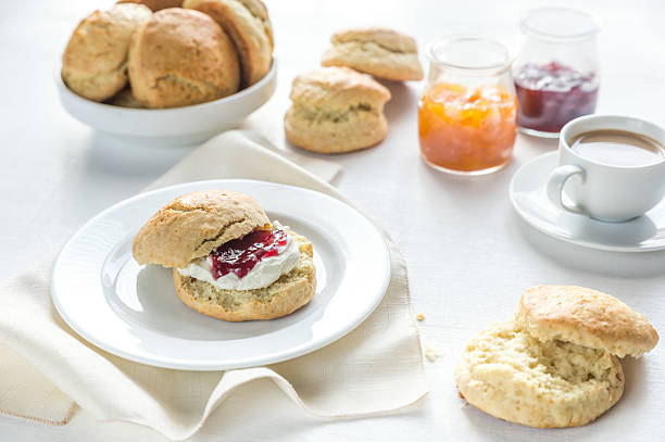 istock Scones with cream and fruit jam and cup of coffee 509293624