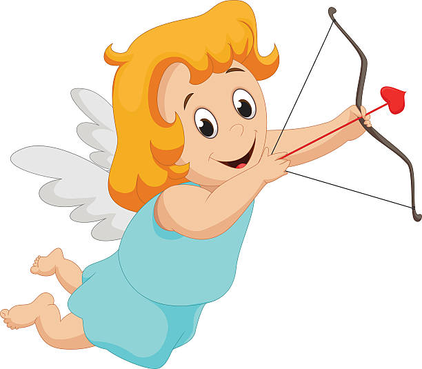 Funny little girl cupid with bow and arrow vector illustration of Funny little girl cupid with bow and arrow girl levitating stock illustrations