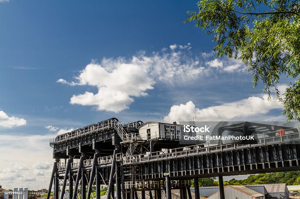 Anderton Boat Lift, canal escalator Upper trough of the Anderton Boat Lift, which raises narrowboats between River Weaver the Trent and Mersey Canal. England, United Kingdom. Elevator Stock Photo