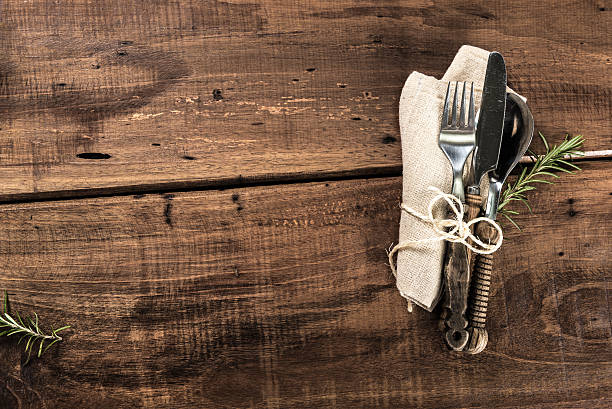 istock Rustic Old Wooden Table With Cutlery anc Copy Space 509303808