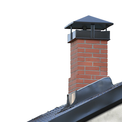 Red Brick Chimney, Grey Steel Tile Roof Texture, Gray Tiled Roofing, Large Detailed Isolated Vertical Closeup, Modern Residential House Rooftop Tiles Detail Textured Pattern, Copy Space