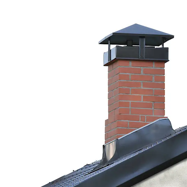 Photo of Red Brick Chimney, Grey Steel Tile Roof, Tiled Roofing, Isolated