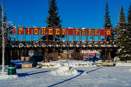 Fairbanks, Alaska, USA- Feb. 09, 2016; Front entrance of Pioneer Park a public venue used year round for public events in Fairbanks.