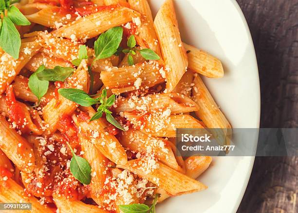 Penne Pasta In Tomato Sauce Stock Photo - Download Image Now - Penne, Tomato, Pasta
