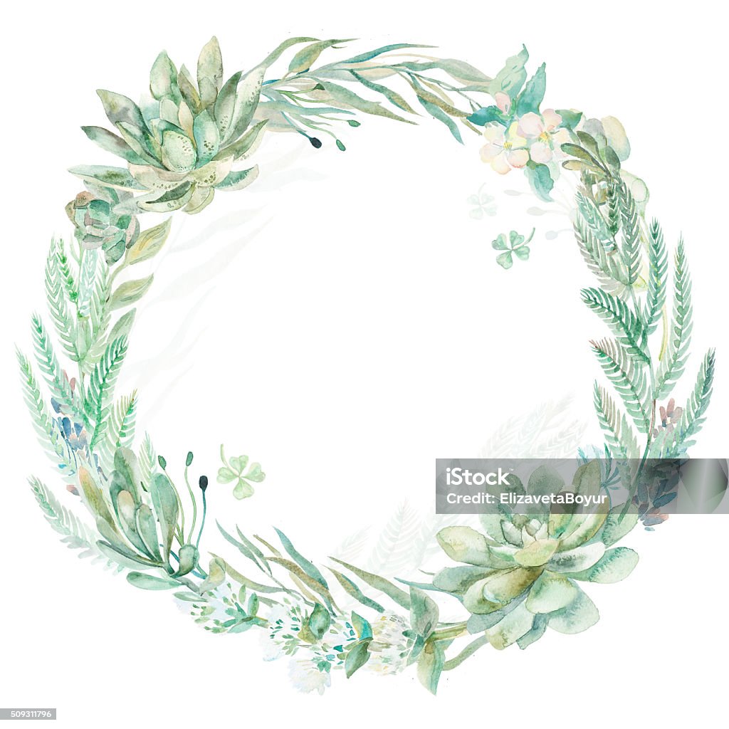 Wedding invitation wreath Wreath succulents and eucalyptus. Greeting card art. Backgrounds stock illustration