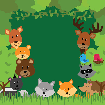 Forest Animals Vector Background. No transparencies or gradients used. Large JPG included. Each element is individually grouped for easy editing.