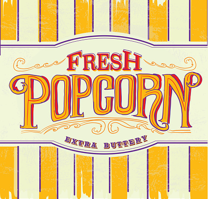 Vector illustration of a retro Fresh popcorn hand lettered sign design template. Easy to edit layers. Movies, popcorn, salty treat.  good eats, snacks, yummy,  butter, flavouring, savour, retro, signage, vintage, food, hand lettering, buttery, fresh, popped, corn, drive in, movies