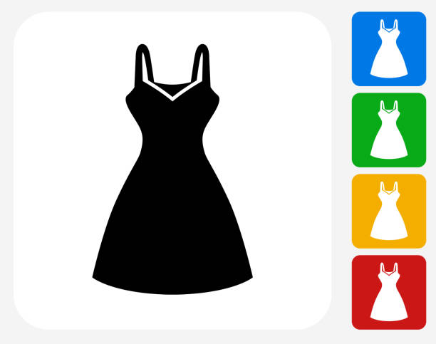 Dress Icon Flat Graphic Design Dress Icon. This 100% royalty free vector illustration features the main icon pictured in black inside a white square. The alternative color options in blue, green, yellow and red are on the right of the icon and are arranged in a vertical column. prom dress stock illustrations