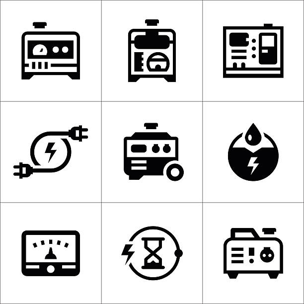 ilustraciones, imágenes clip art, dibujos animados e iconos de stock de conjunto de iconos de generador eléctrico - generadores
