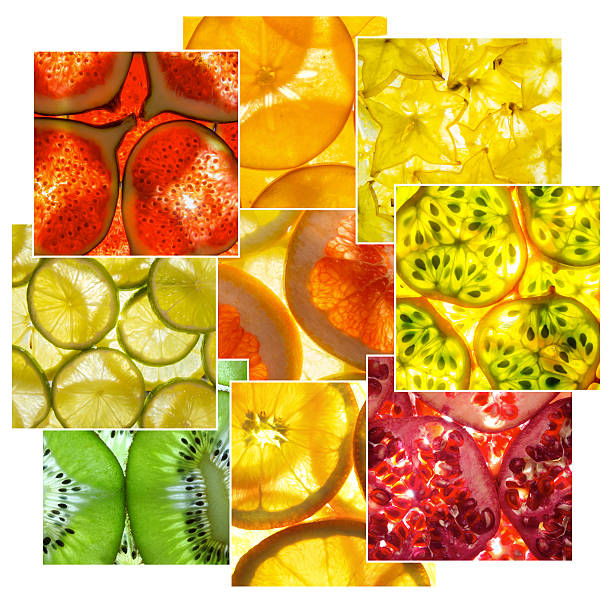 istock assorted collage of back lit fruit slices over white background 509315542