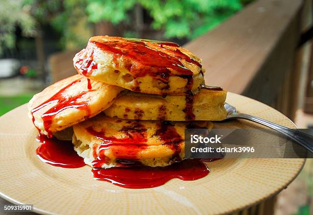 Delicious Plated Pancakes With Homemade Bing Cherry Syrup Stock Photo - Download Image Now