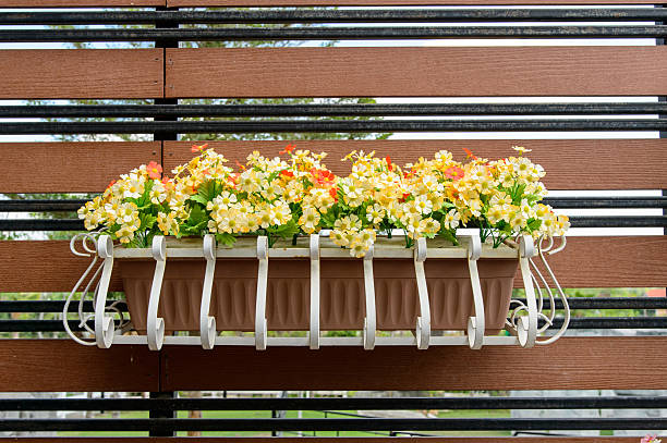 balcony flower box filled with plant-pots