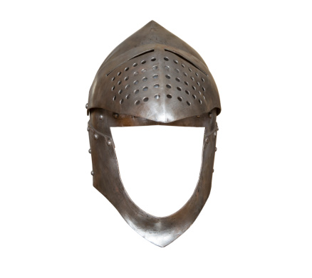 old knight helmet for protection in battle. is made of metal. part of knightly armor