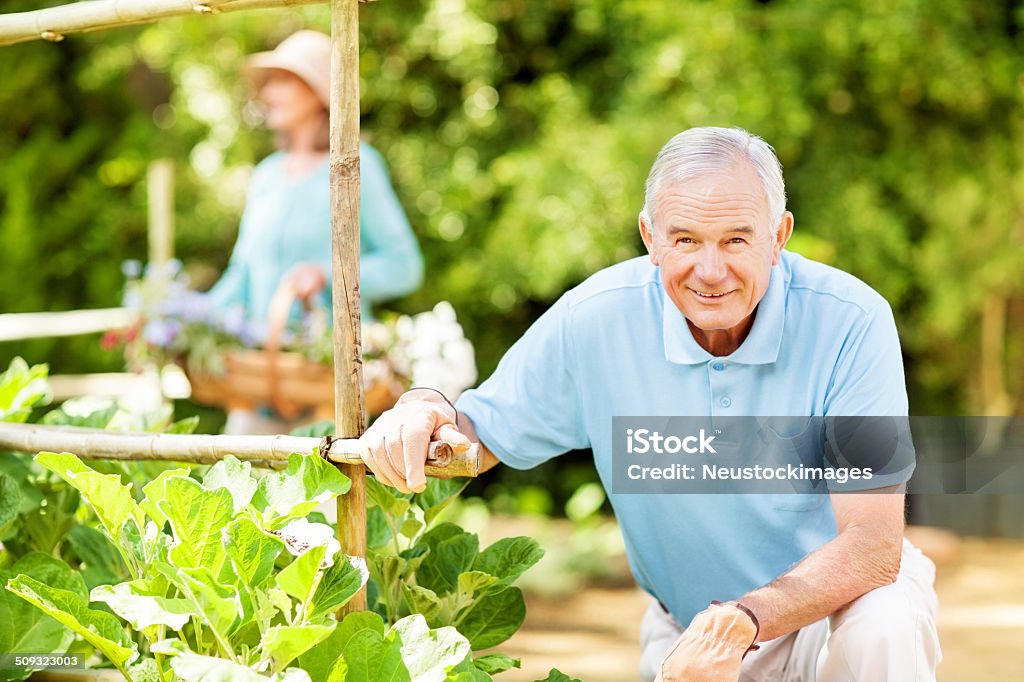 Homme Senior souriant tout en femme jardinage dans le jardin en arrière-plan - Photo de 60-64 ans libre de droits