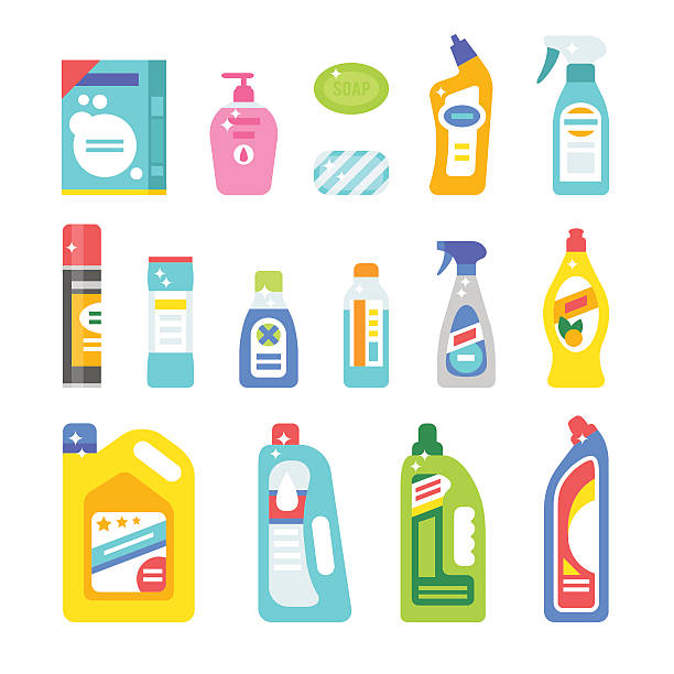 ilustraciones, imágenes clip art, dibujos animados e iconos de stock de limpieza de la cámara de la industria de la higiene y productos vector de conjunto de iconos plana - chemical merchandise cleaning product domestic life