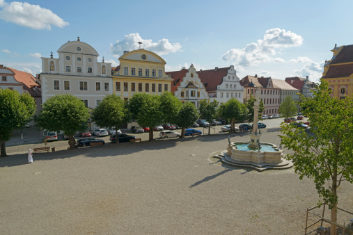 Neuburg an der Donau, Germany - August 3, 2014: Karlsplatz Marienbrunnen in the old town of Neuburg an der Donau, Bavaria, Germany. The Marienbrunnen on the center of the square is from the 18th century. Views of the listed buildings from the 18th century, in the Amalienstraße. The colonization of Neuburg goes back to before Roman times.
