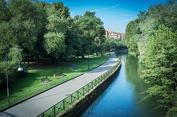 Canal And Residential District, Lombardy Italy stock photo