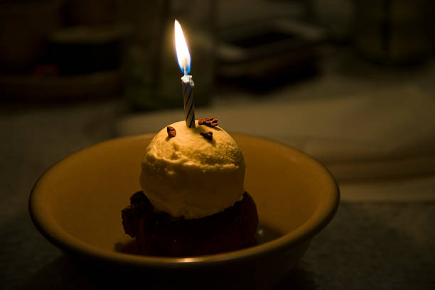 istock Ice Cream Brownie With A Lit Candle 509345102