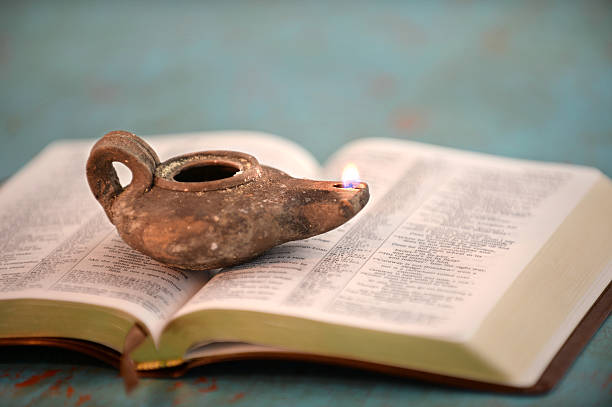 Ancient Oil Lamp on Open Bible