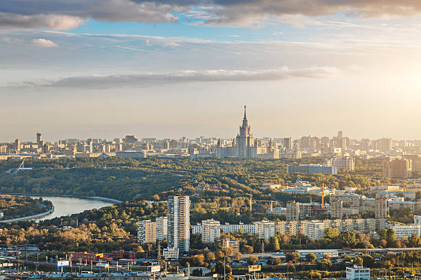 Panoramic view of Moscow city Aerial view of Moscow city with the Lomonosov State University of Moscow and the Moskva river moscow russia stock pictures, royalty-free photos & images