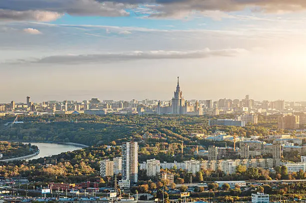 Aerial view of Moscow city with the Lomonosov State University of Moscow and the Moskva river