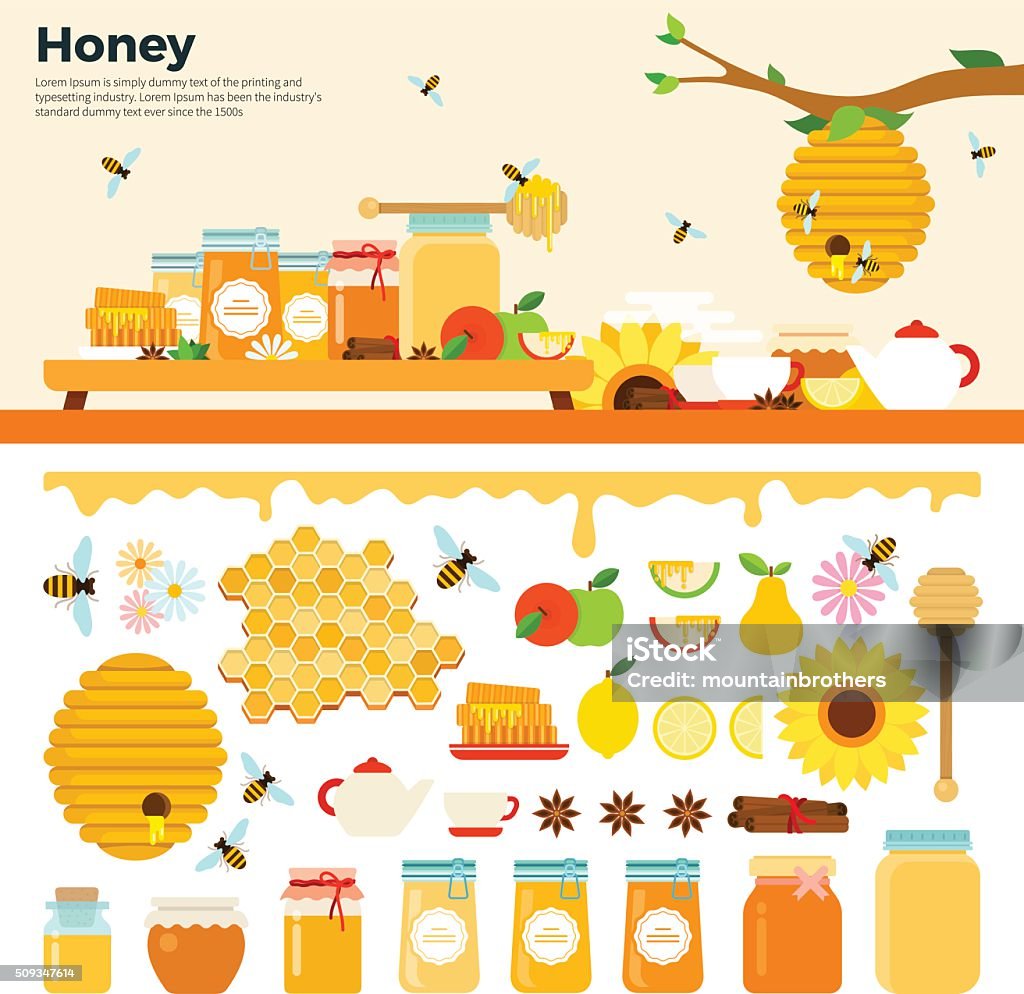 Мед продуктов на столе - Векторная графика Пчелиный улей роялти-фри