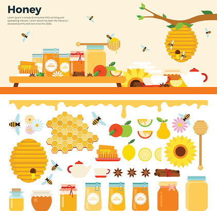 Honey products vector flat illustrations. Honey in jars and other honey products on the table. Organic and natural honey. Banks of honey, bees, honeycombs, bee hives, sunflower isolated on white background