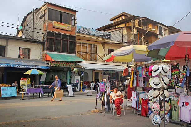 Montañita, Ecuador Market Montañita, Ecuador - November 3, 2014: An Ecuadorian woman sits in front of her souvenir market stand as people go about their business in the background in the small coastal town of Montañita, Ecuador montanita ecuador stock pictures, royalty-free photos & images