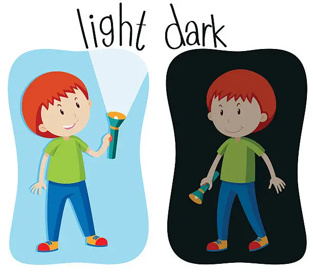 Vector illustration of Opposite adjectives with light and dark
