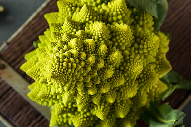 Raw Green Organic Romanesco Raw Green Organic Romanesco Ready to Cook fractal plant cabbage textured stock pictures, royalty-free photos & images