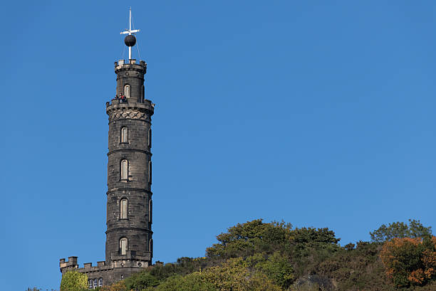 Nelson Monument is located in Edinburgh, Scotland, United Kingdom, on Calton Hill.  Photo shows the monument with solid overcast above.  Monument was build in the early 1800's in honor of Vice Admiral Horatio Nelson.