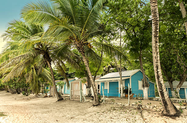 Cozy private resort (bungalows) on the beach, Agonda beach, South Goa. Colorful beach huts.