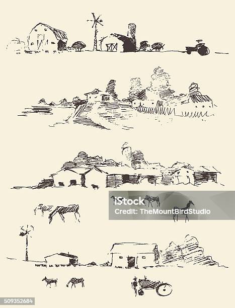 Drawn Countryside Rural Landscapes Fields Hills Stock Illustration - Download Image Now - Drawing - Activity, Farm, Sketch