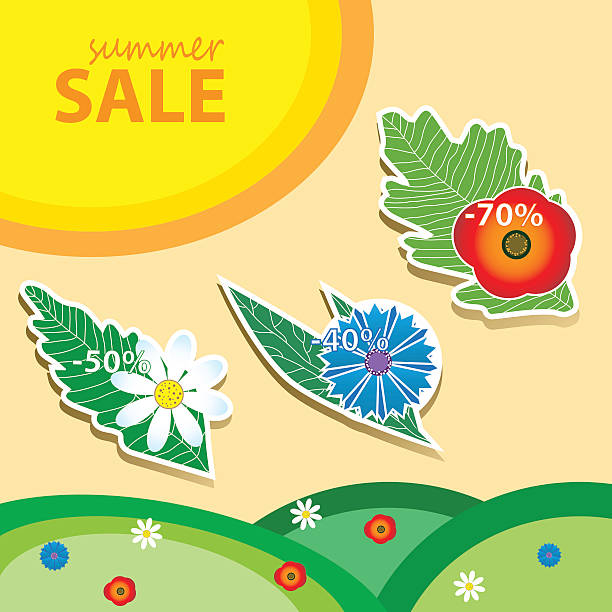 ilustraciones, imágenes clip art, dibujos animados e iconos de stock de verano de rebajas pricetags - flower red poppy sky