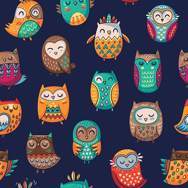 Vector illustration of Seamless pattern with tribal owls