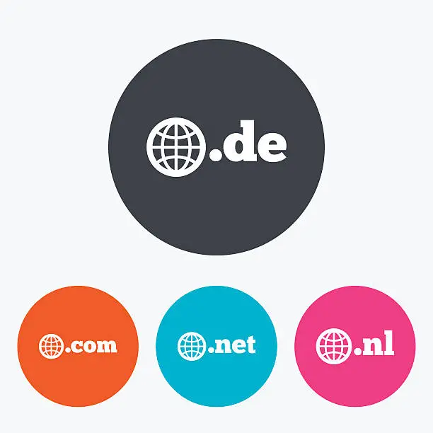 Vector illustration of Top-level domains signs. De, Com, Net and Nl.